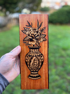 Wood-burned Rose Flower Vase