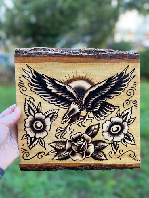 Wood-burned Traditional Eagle and Flowers